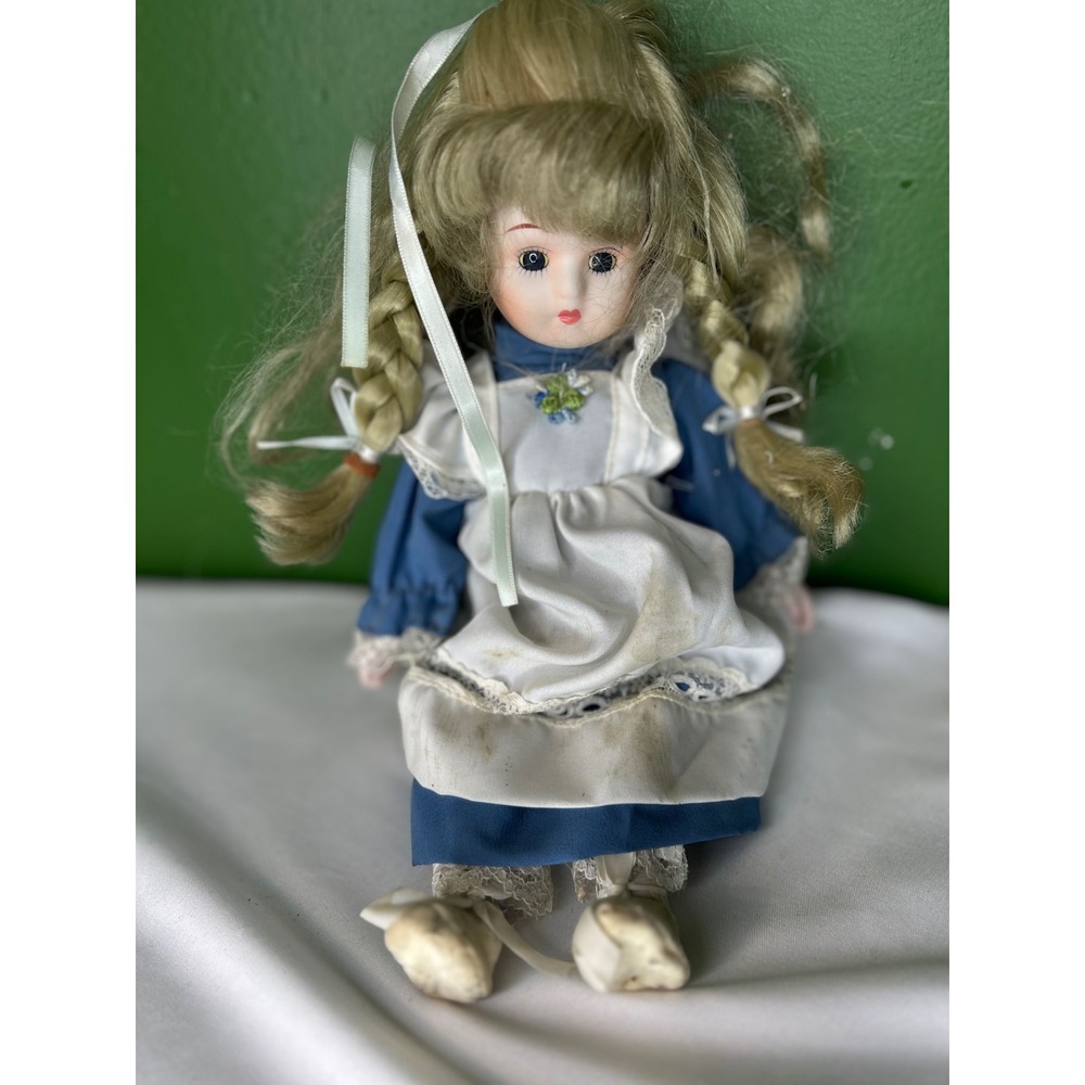 Vintage Porcelain Collector Doll Blue Dress White Lace Apron Blonde Braids 12in
